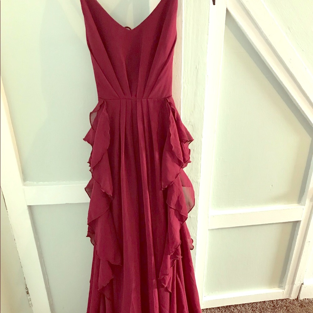 Maroon ruffle prom gown